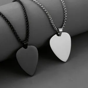 Stainless Steel Guitar Pick Pendant Necklace Polished Rock Style Box Chain Jewelry Gift For Men Women Silver Black