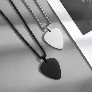 Pair of minimalist stainless steel guitar pick necklaces in black and silver finishes