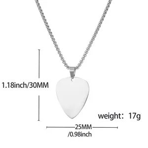 Polished stainless steel guitar pick necklace, 30mm height, 25mm width, 17g weight pendant