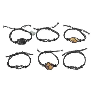 Set of 6 adjustable woven mesh bracelets with natural crystal stones.