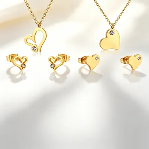Gold-plated stainless steel heart necklace and earring jewelry set for women