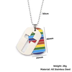 Detailed view of stainless steel rainbow dog tag necklace with cross cutout, 46mm height