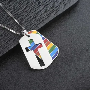 Polished stainless steel rainbow dog tag necklace with a hollow cross pendant for men