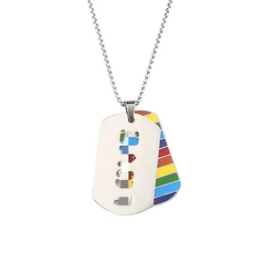 Rainbow striped dog tag necklace with cutout LOVE letter in polished stainless steel