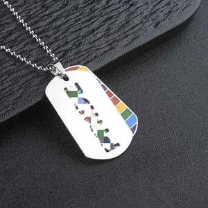 Stainless steel rainbow military dog tag necklace for men featuring alphabet cutout design