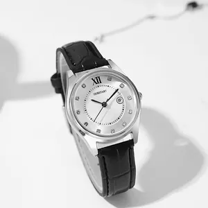 Fashion Women Quartz Watch Sunray Dial Rhinestone Markers Date Window Faux Leather Strap Elegant Casual Wrist Watch