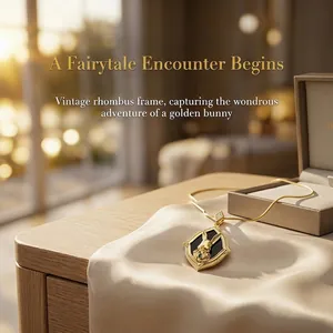 Vintage rhombus pendant necklace with golden bunny and 18K gold plated snake chain