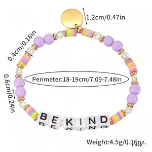 Detailansicht mit Abmessungen und Gewicht für das 'BE KIND' bunte Perlenarmband.
