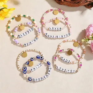Handgemachtes Buntes Künstliche Perlen-Kristallarmband Für Damen Acryl Faux Künstliche Perle Edelstahl Buchstabenanhänger Böser Blick Schmuck Mutter Geschenk