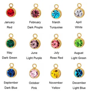 Detailed guide showing 12 colors of round stainless steel birthstone crystal pendants