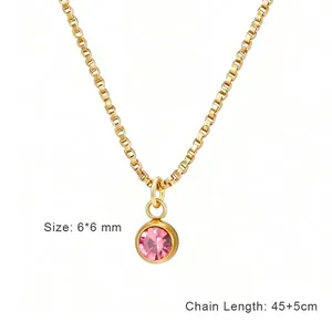 Gold plated stainless steel necklace featuring a round pink crystal pendant, 45+5cm chain length