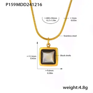 Detail view of gold-tone stainless steel necklace with black shell square pendant and dimensions
