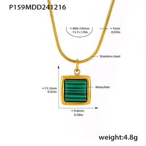Detail view of malachite square pendant necklace with dimensions and stainless steel material info