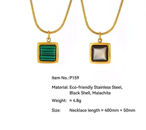 Detailed view of square malachite and black shell pendant necklaces in gold-plated steel.
