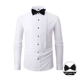 Men's Formal Tuxedo White Shirt Wing Collar Pleated Front Long Sleeve Wedding Groomsmen Shirt With Bowtie Black Studs