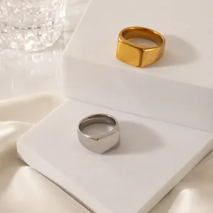 Minimalist Stainless Steel Square Signet Ring For Men Women Polished Brushed Finish Retro Punk Style Gold Silver Color Ring Jewelry