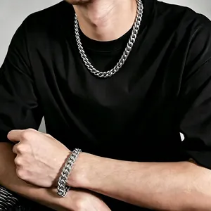 Ensemble collier et bracelet à maillons cubains polis en acier inoxydable pour homme
