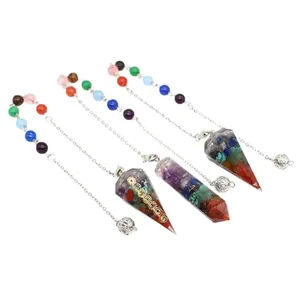 Three colorful natural crystal hexagonal cone and pillar pendulums on silver chains