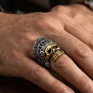 Detailed macro view of a vintage Indian feather skull ring in stainless steel for men