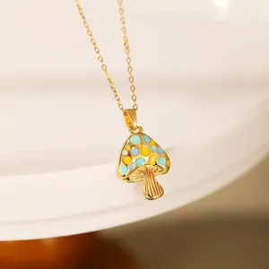 Vintage French style gold mushroom pendant necklace with colorful blue yellow drip glaze