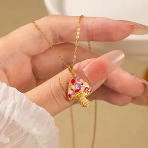 Colorful enamel painted mushroom pendant necklace in elegant gold finish for women
