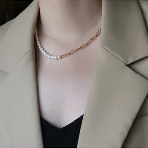 Ensemble Collier Bracelet en Acier Inoxydable Plaqué Or 18K avec Chaîne Trombone et Perles d'Eau Douce Bijoux Femme
