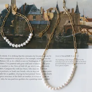 Ensemble élégant collier et bracelet en perles d'eau douce et chaîne en acier doré