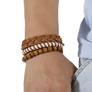Handgeweven henneptouw armbandset met houten kralen voor dames en heren om de pols