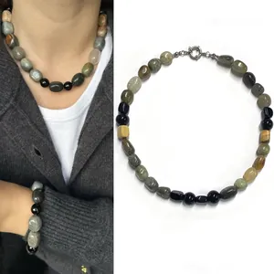 Vintage Oil Painting Style Natural Mixed Stone Necklace And Bracelet Stainless Steel Irregular Bead Jewelry For Women