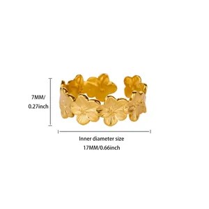 Detailed size measurements of gold-plated stainless steel floral pattern open ring