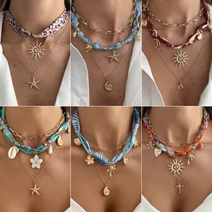 Boho-Ozean-Stil Seestern- und Muschelkette mit buntem Seidenschal-Band für Damen