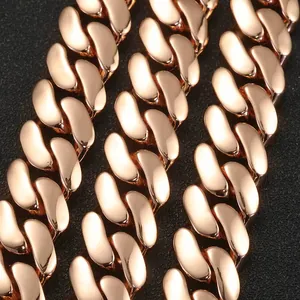 Macro detail of high-polished rose gold Cuban link chain for men's hip-hop jewelry