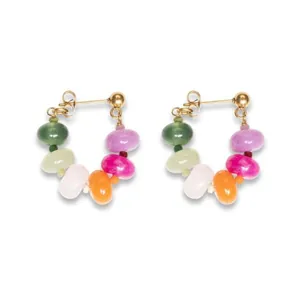 Detailed view of handmade colorful stone bead hoop earrings with gold-toned hardware
