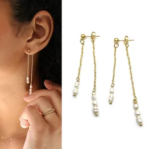 Vintage 18K Gold Plated Stainless Steel Long Tassel Dangle Earrings For Women Elegant Natural Freshwater Pearl Jewelry