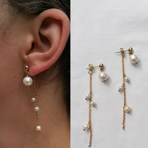 Vintage gold chain long drop earrings with elegant natural freshwater pearls for women