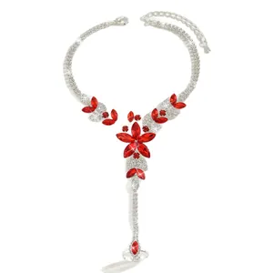 Red crystal floral slave anklet with rhinestones for beach wedding jewelry.