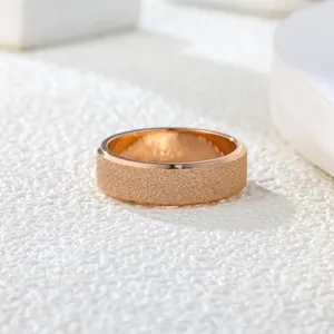 Detailed macro view of a rose gold frosted minimalist band ring with matte texture