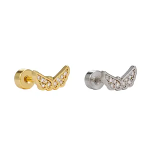 Dainty angel wing stud earrings set with sparkling cubic zirconia in gold and silver