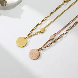 Vintage Titanium Steel Necklace For Women Double Layer OT Toggle Clasp Round Pendant Rose Gold Plated Fashion Jewelry