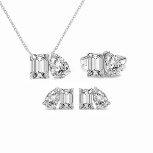 Collection Bijoux Argent Sterling 925 Taille Émeraude Zirconia Goutte d'Eau Toi Et Moi Collier Bague Boucles d'Oreilles