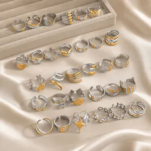Adjustable Two-Tone Stainless Steel Open Rings For Women Minimalist Geometric Heart Star Butterfly Flower Fashion Jewelry