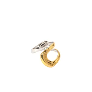 Minimalist two-tone stainless steel geometric open ring with polished gold and silver finish