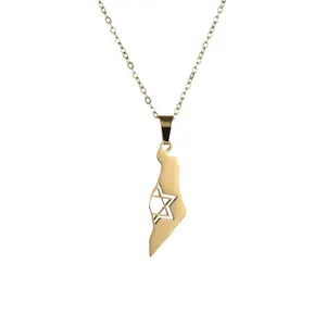 Collier avec pendentif carte Israël Palestine en acier inoxydable doré et étoile de David