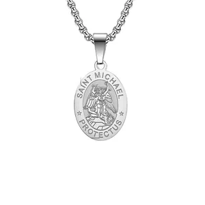 Polished stainless steel Saint Michael protector medal pendant necklace for men