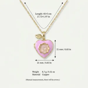Exquisito collar con relicario de corazón rosa en cobre con flor de esmalte y acabado dorado