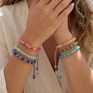 Handmade Bohemian Semi Precious Stone Barrel Bead Woven Bracelet For Women Adjustable Lapis Lazuli Goldstone Gemstone Bracelet Jewelry