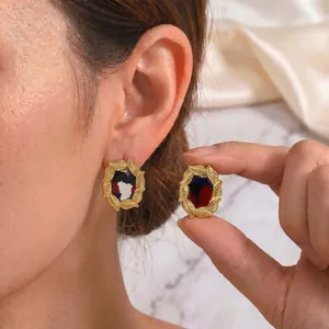 Pendientes de Botón de Acero Inoxidable Vintage Chapados en Oro de 18K Con Borde de Hoja Incrustaciones de Resina de Concha