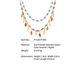 Detailed view of colorful evil eye tassel necklace with agate drops and size parameters.