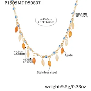 Stainless steel choker with colorful agate beads and evil eye charms, 45+5cm length.