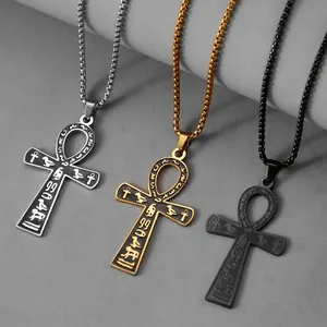 Vintage ägyptische Ankh Kreuz Halsketten aus Edelstahl in Silber, Gold und Schwarz